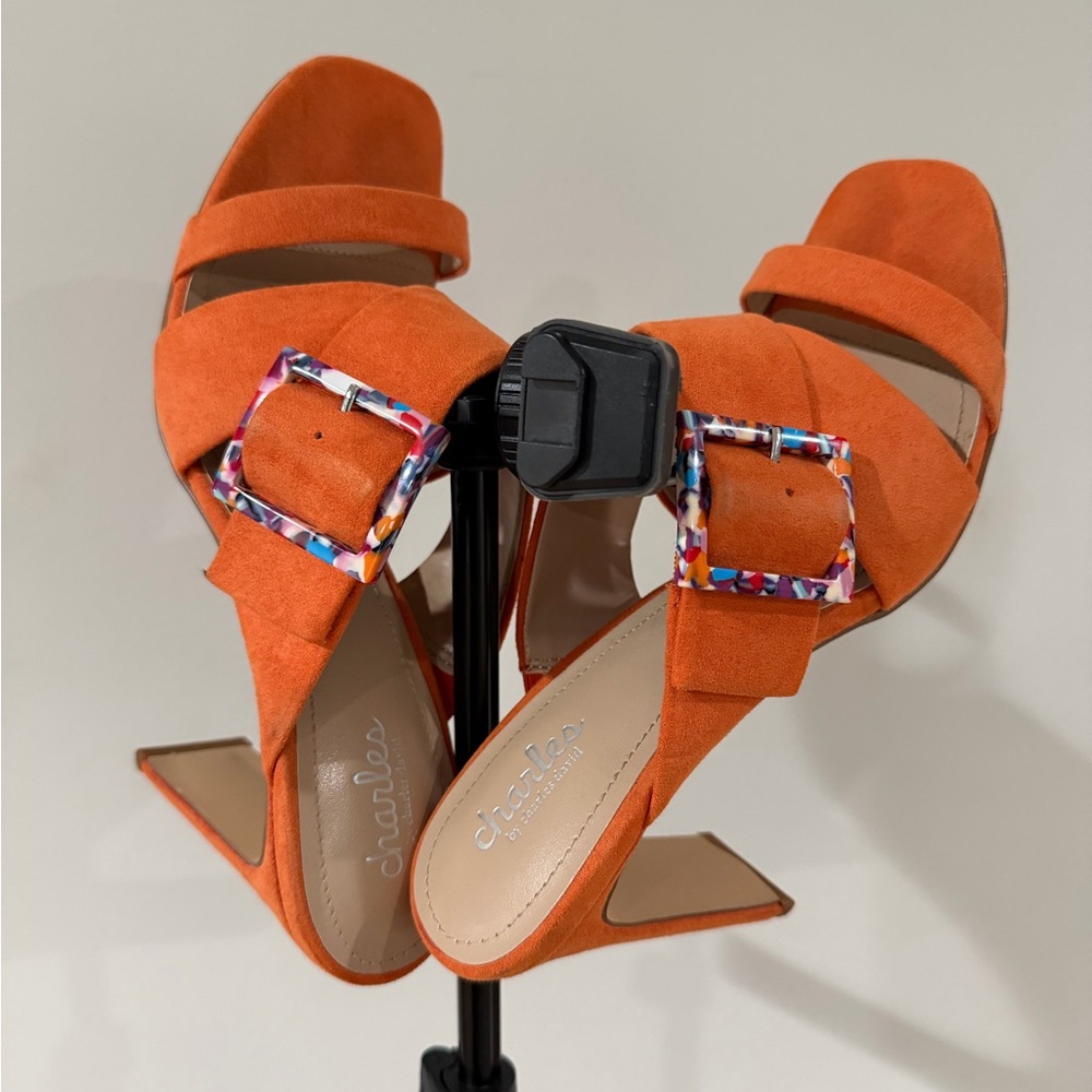 Charles by Charles Davis Vibrant Orange Heels with Multicolor Buckle